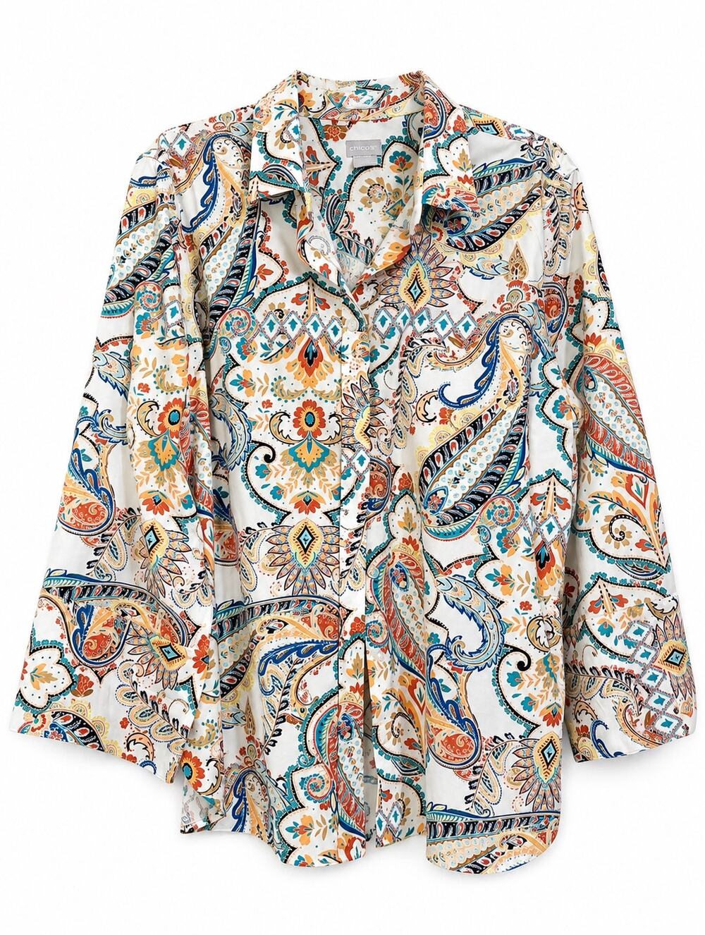 Chico’s No-Iron Chic Stretch Paisley Button Front Shirt Blouse Size 2.5 XL 14